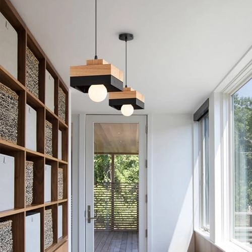 Vintage E27 Square Wood Pendant Light