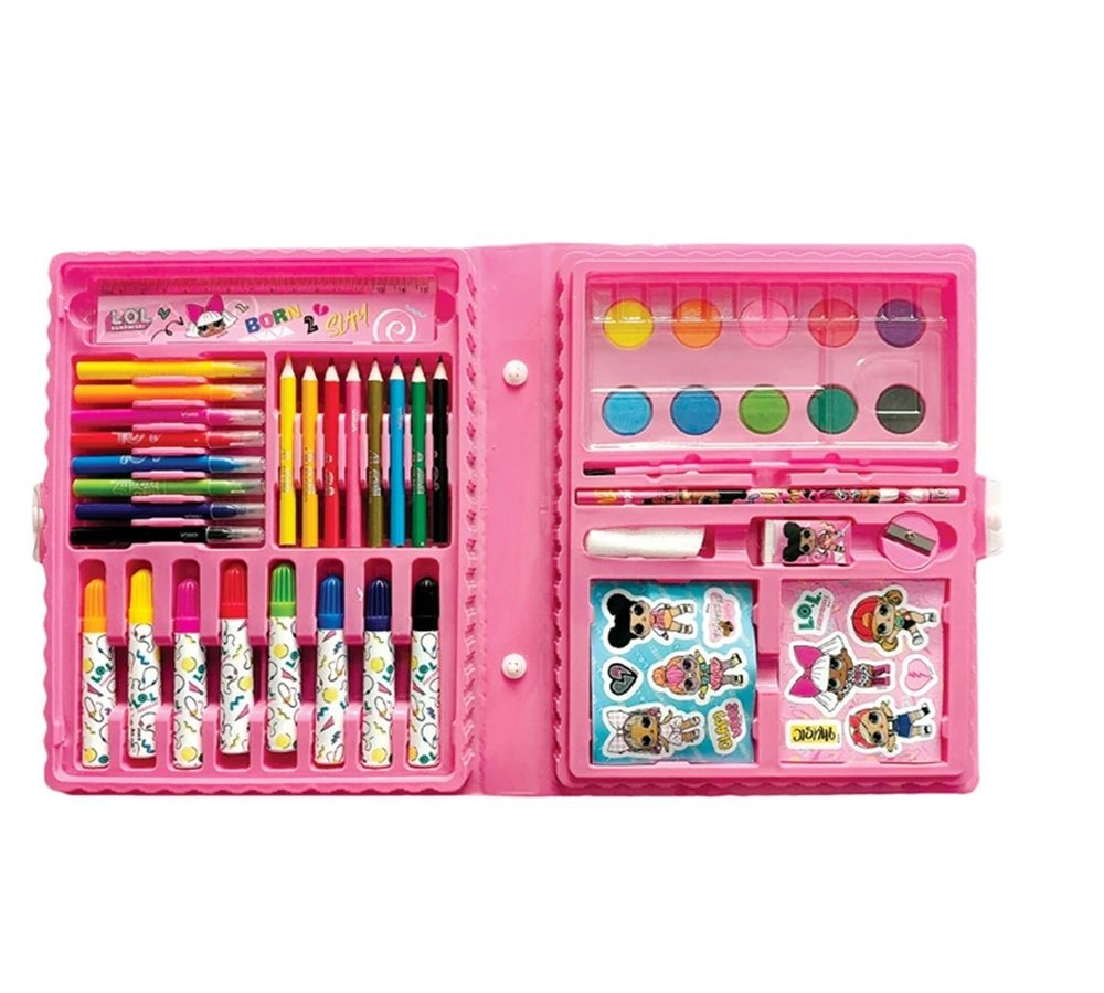 Art Set - 8 colored pencils 1 pencil 8 markers 1 eraser 8 mini markers 10 watercolors 1 ruler 1 sharpener 2 stickers 1 watercolor brush