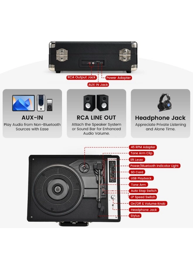Vinyl Record Player - Portable Suitcase Bluetooth 3-Speed
