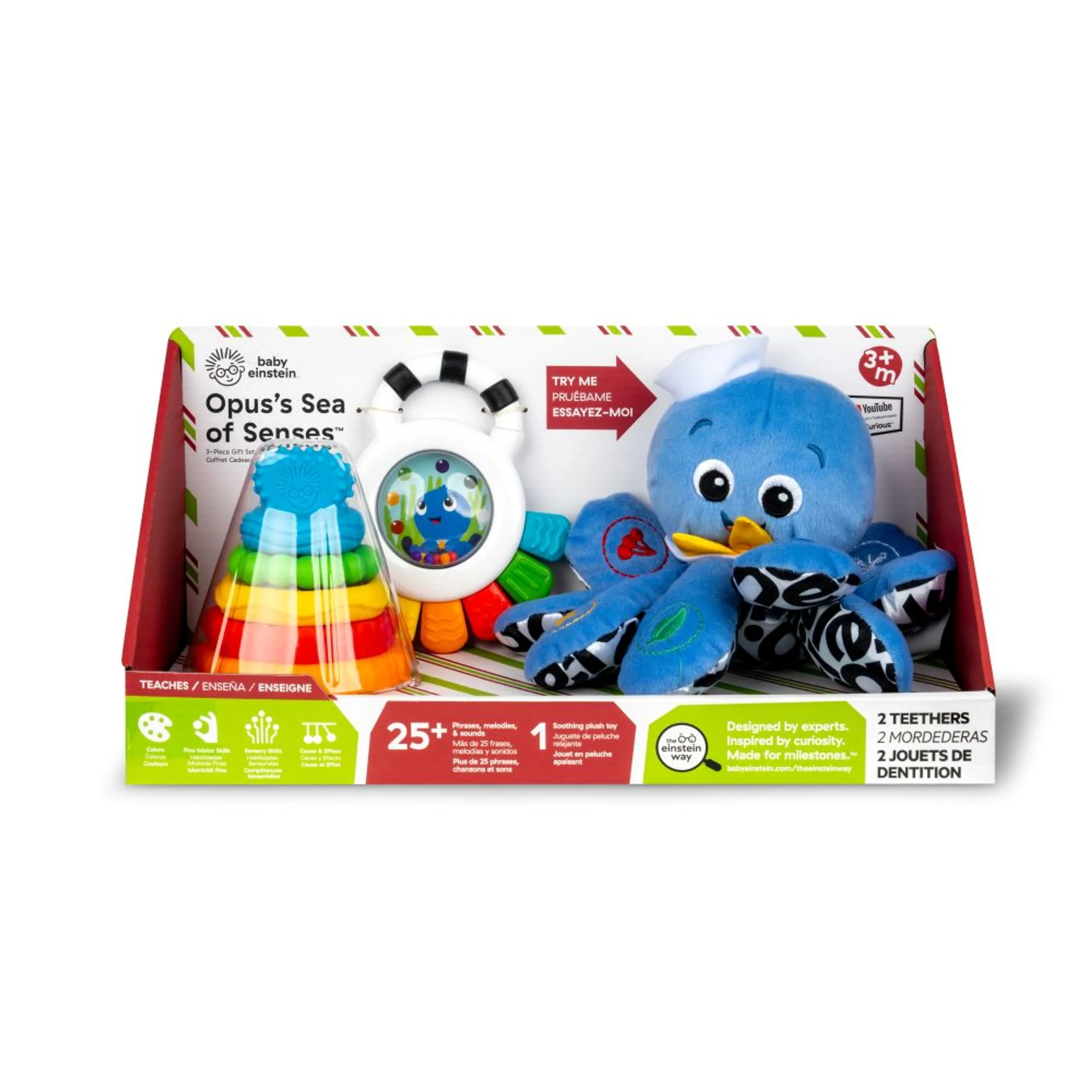 Opus Sensory Rattle & Teether + Octoplush Musical Toy + Stack & Teethe Teether Toy - Suitable for 3 to 12 mo