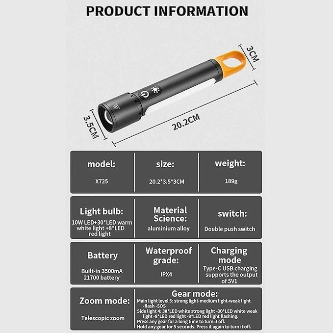 Flashlight - Rechargeable COB Sidelight Zoom