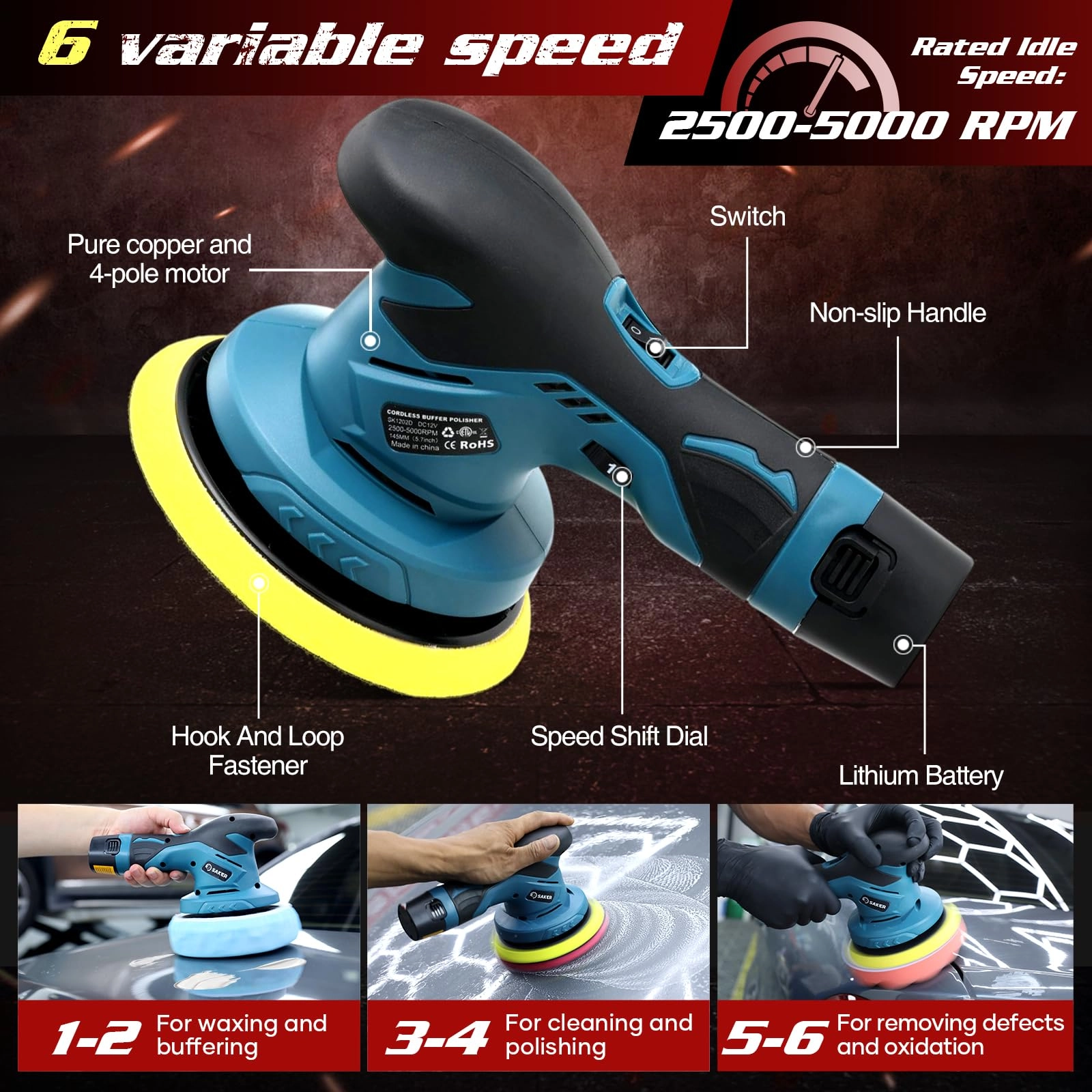 Cordless Car Buffer Polisher - 12V 2000mAh 6 Inch