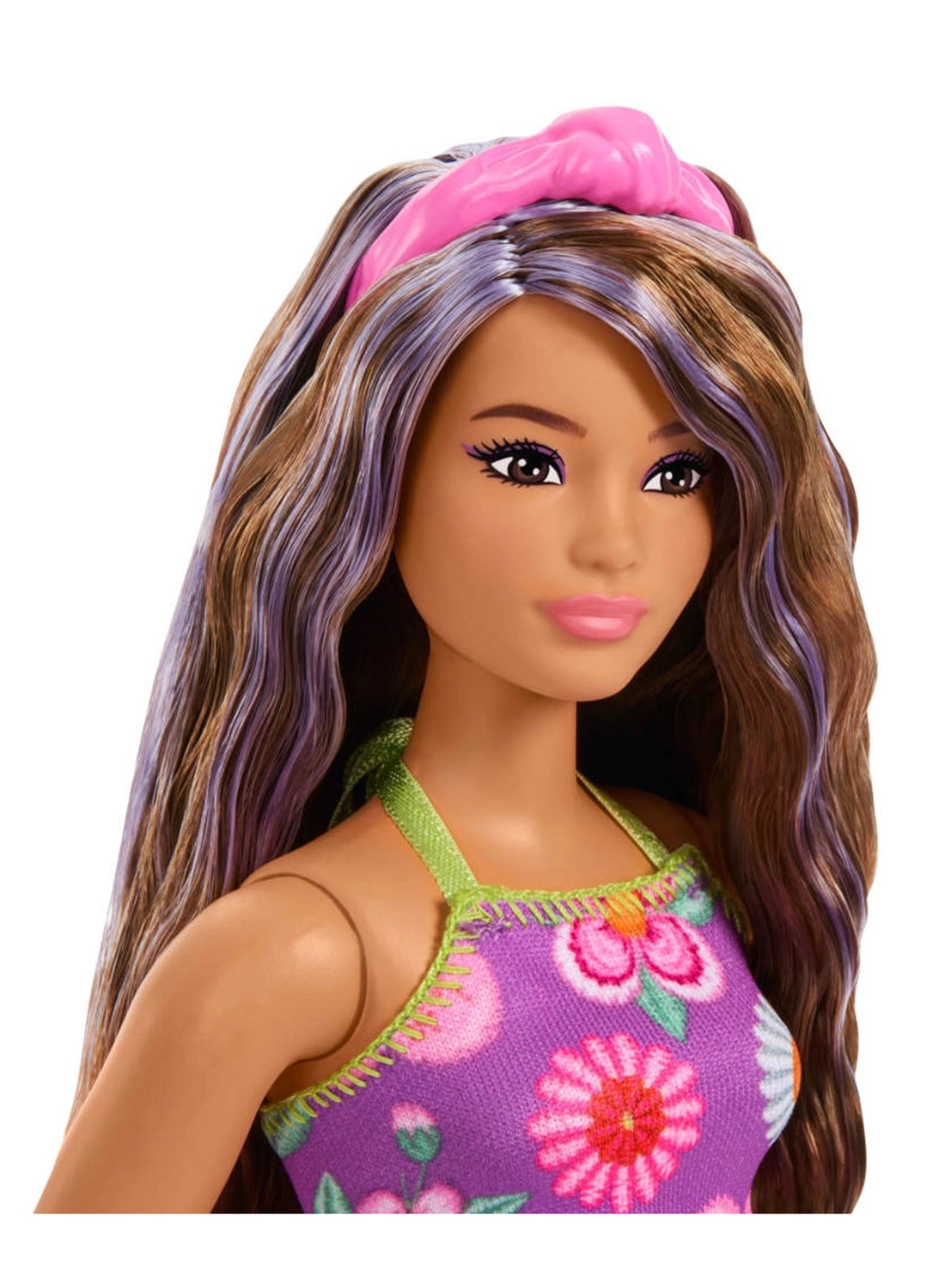 Barbie Fashionistas #244 - Purple-Streaked Brown Hair Purple Floral Halter Top and Matching Skirt