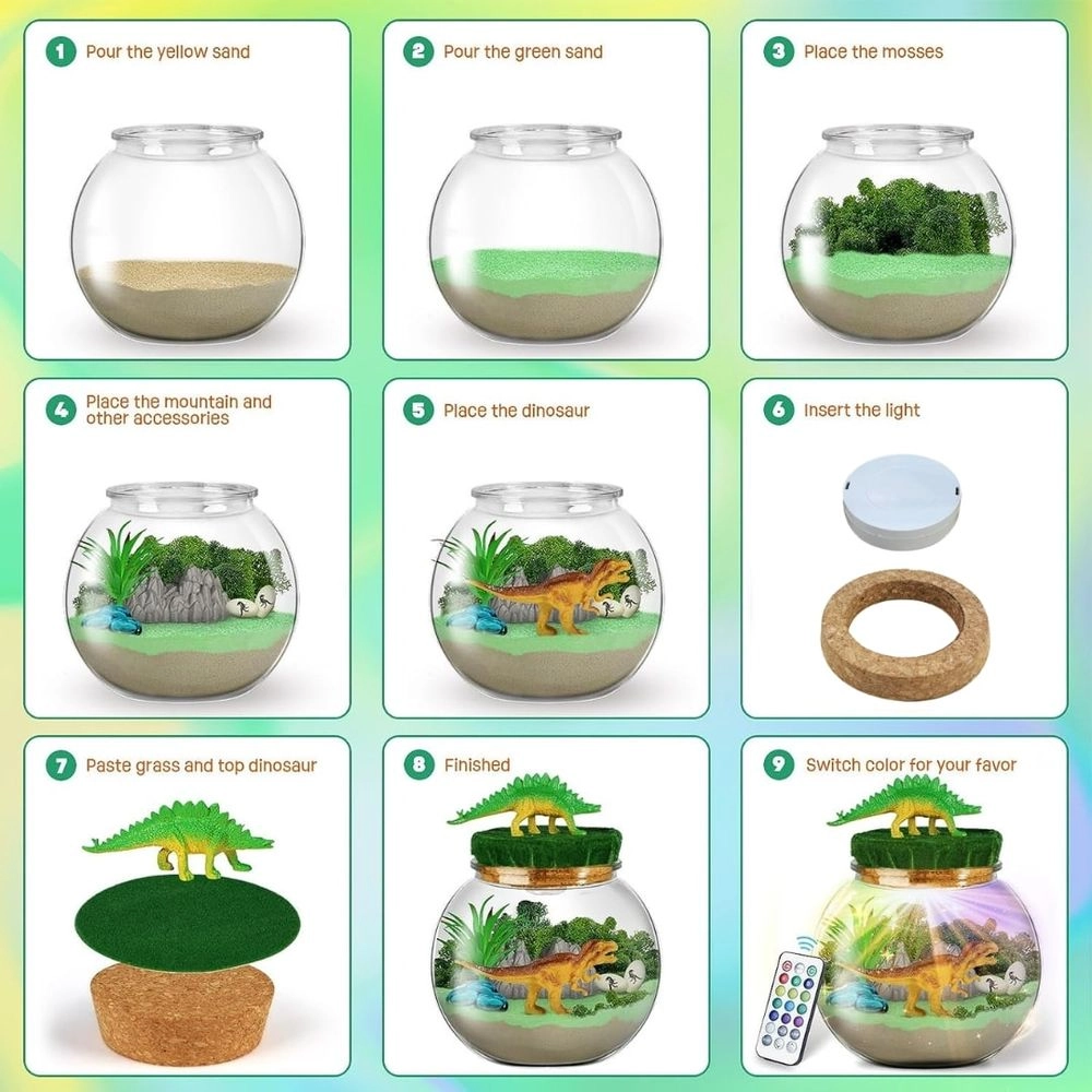 DIY Terrarium Craft Kit - 13-colored LED night light six dinosaurs