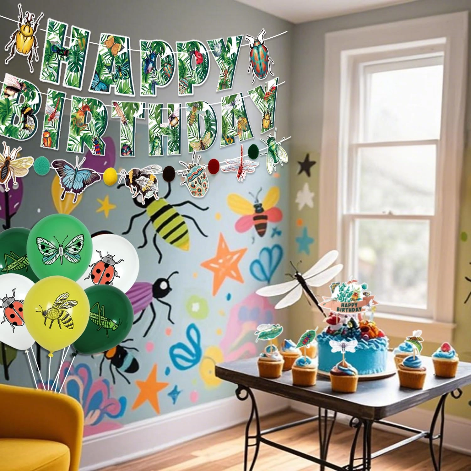 Bug Party Decorations - 1 x HAPPY BIRTHDAY banner 1 x bug theme banner 13 x cake toppers 18 x insect balloons Birthday