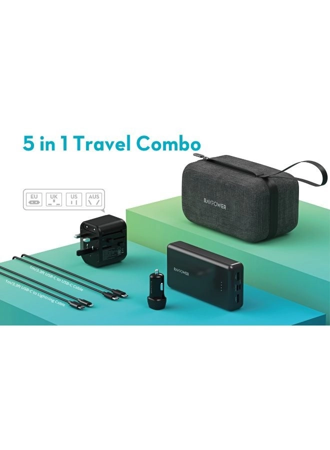 Power Bank - 10000mAh + 3-Port Travel Charger - 20W + Car Charger + USB-C to Lightning Cable + USB-C to USB-C Cable + Travel Bag