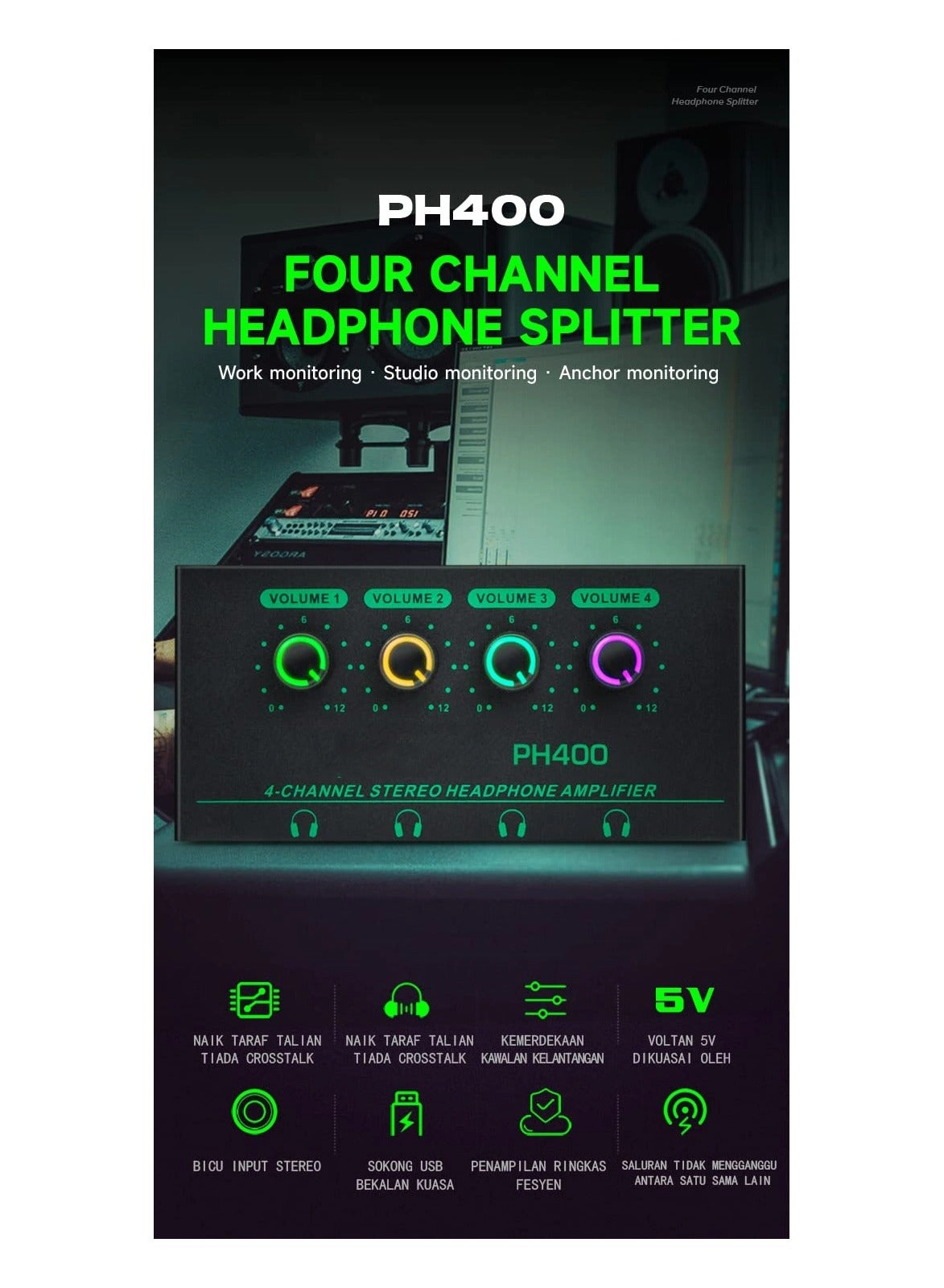 Headphone Amplifier - 4 Channel 1/4In 3.5mm TRS
