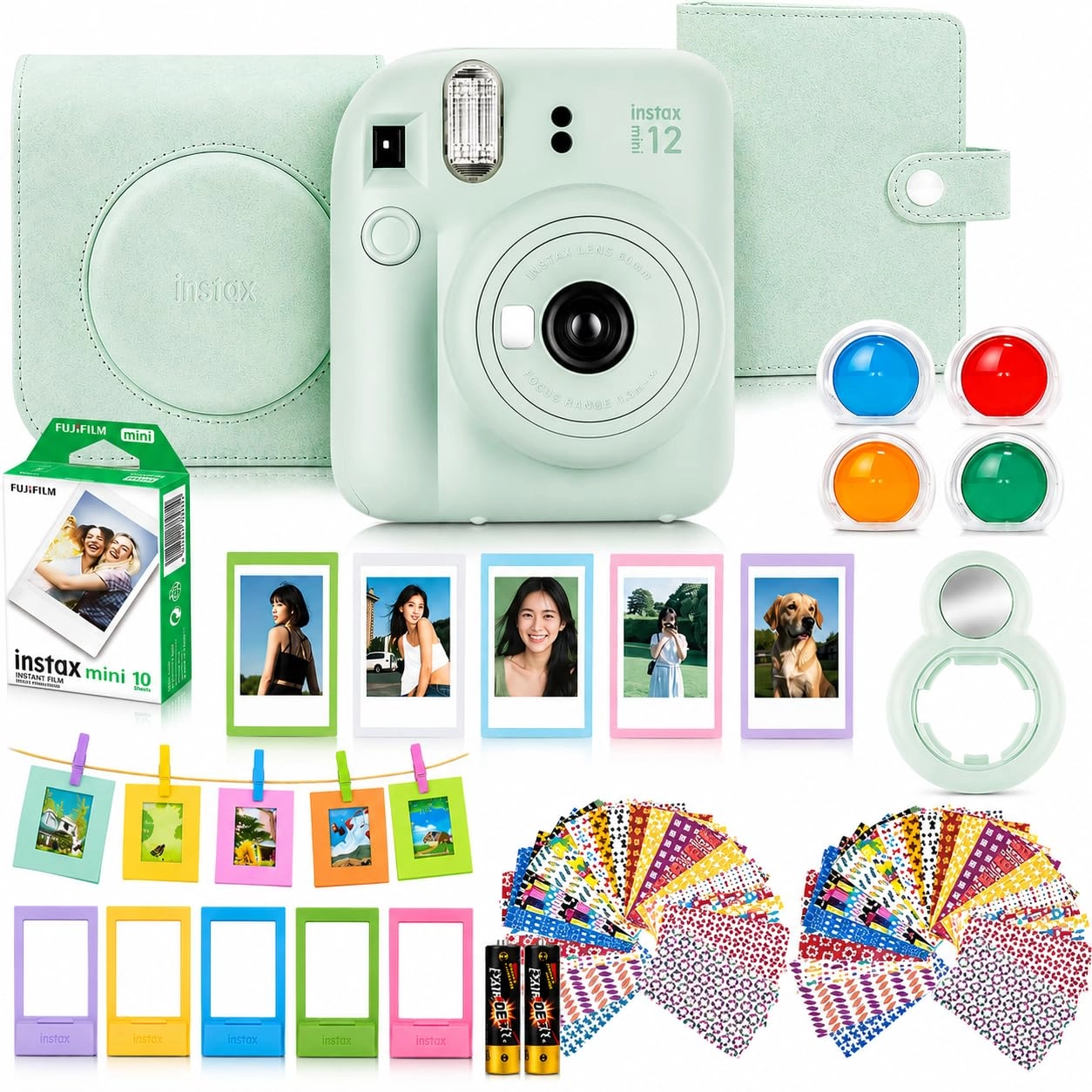 INSTAX Mini 12 + INSTAX Mini Film - 54mm x 86mm + Clear Glitter Protective Camera Case + Mini Photo Album - 64-Pocket + Hanging Wall Photo Display
