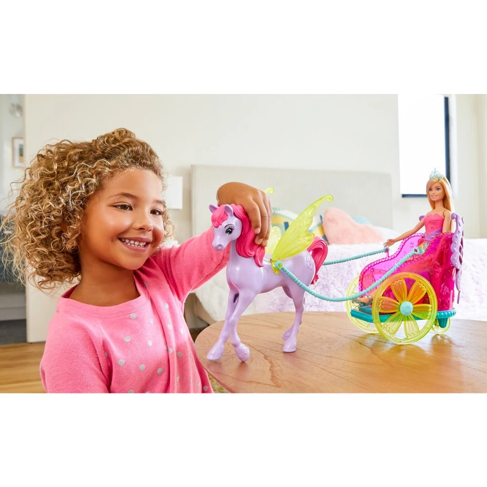 Barbie Dreamtopia Princess Doll - 11.5-in Blonde + Fantasy Horse - Translucent Yellow Wings + Chariot - Vibrant Pink