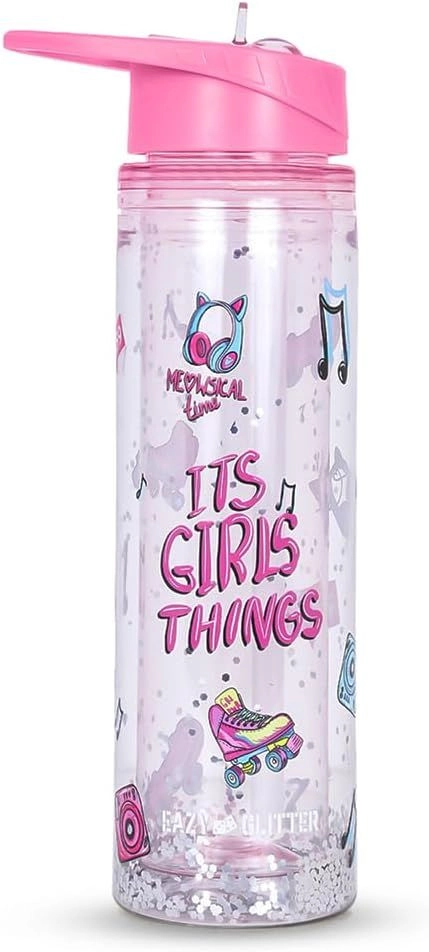 Bento Lunch Box - Glitter Pink + Water Bottle - 550 ml + Spoon + Fork + Cutlery Bag