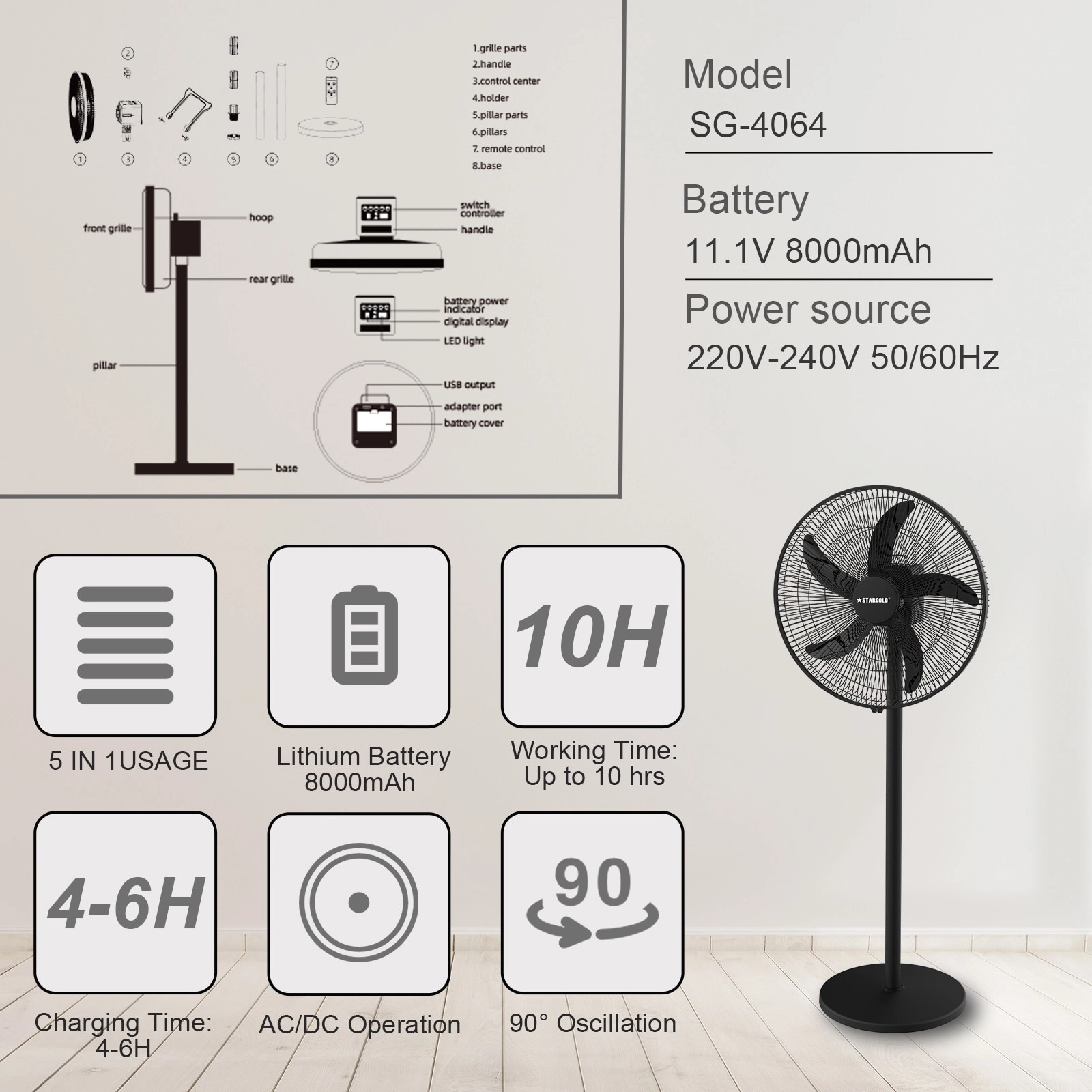 Rechargeable Oscillating Fan - Table Wall Floor Ceiling 16 Inch