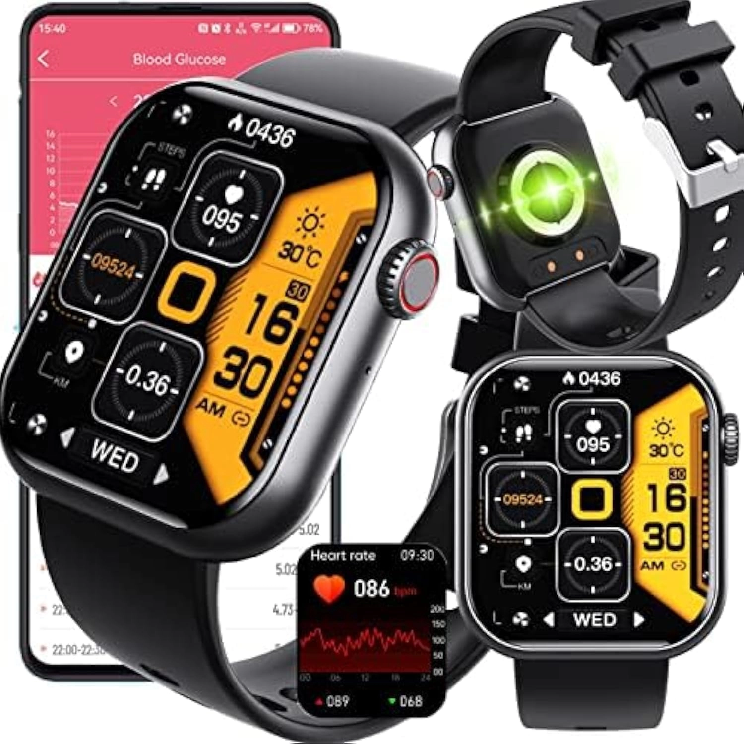 Sunell Blood Glucose Smart Watch - 1.91'' Touch Screen Bluetooth
