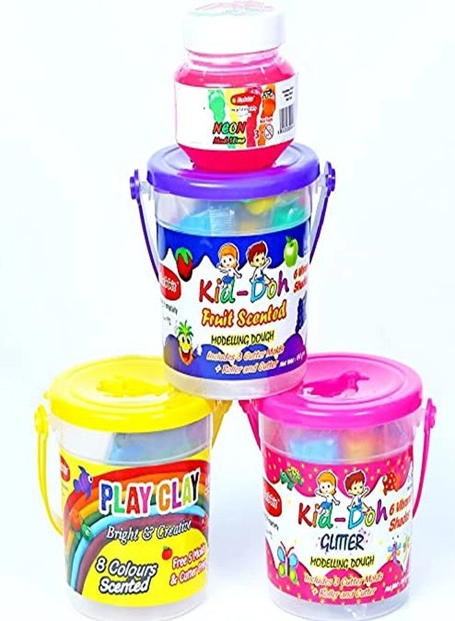 rabbit Dough Glitter + Fruit Scented + 8 Color Clay Bucket + Neon Slime 100g 3+ years