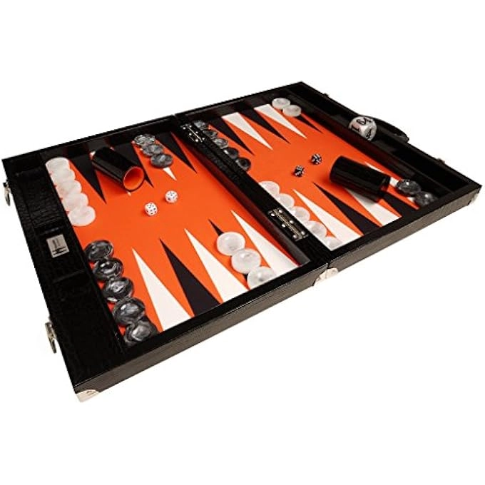 BACKGAMMON TOURNAMENT SET - BLACK CROCO ORANGE PLAYING SURFACE GEN III