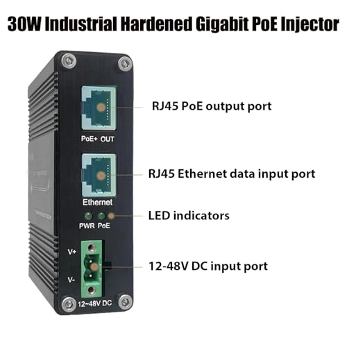 30W Industrial Hardened Gigabit PoE Injector - 12-48V 30W 2x RJ45 IEEE802.3af/at/bt 10/100/1000Mbps 30W per port
