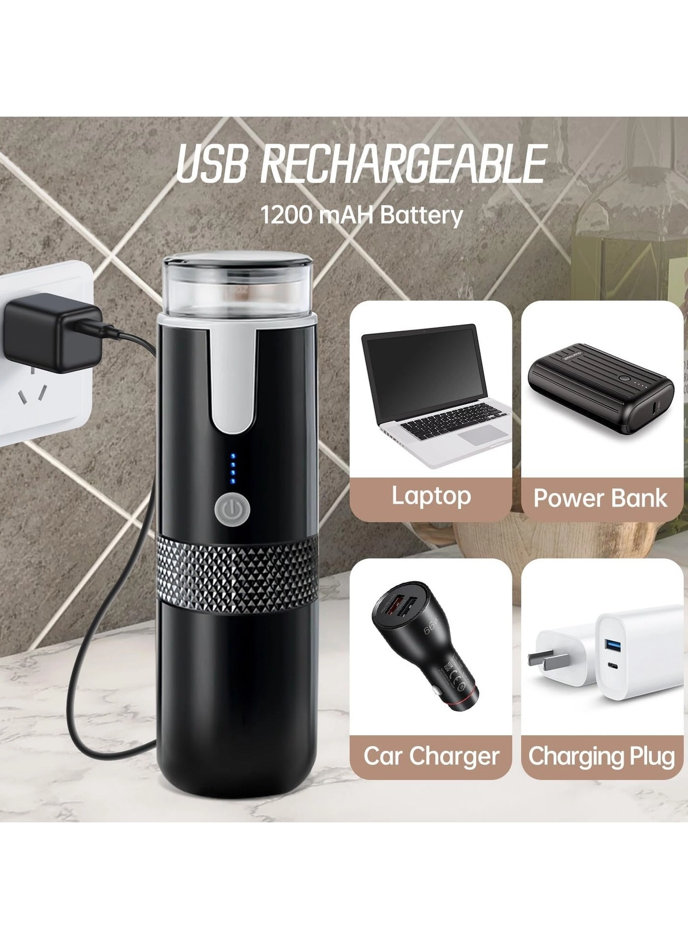 Portable Coffee Maker - 170ml Rechargeable Type-C Capsule & Ground Compatible