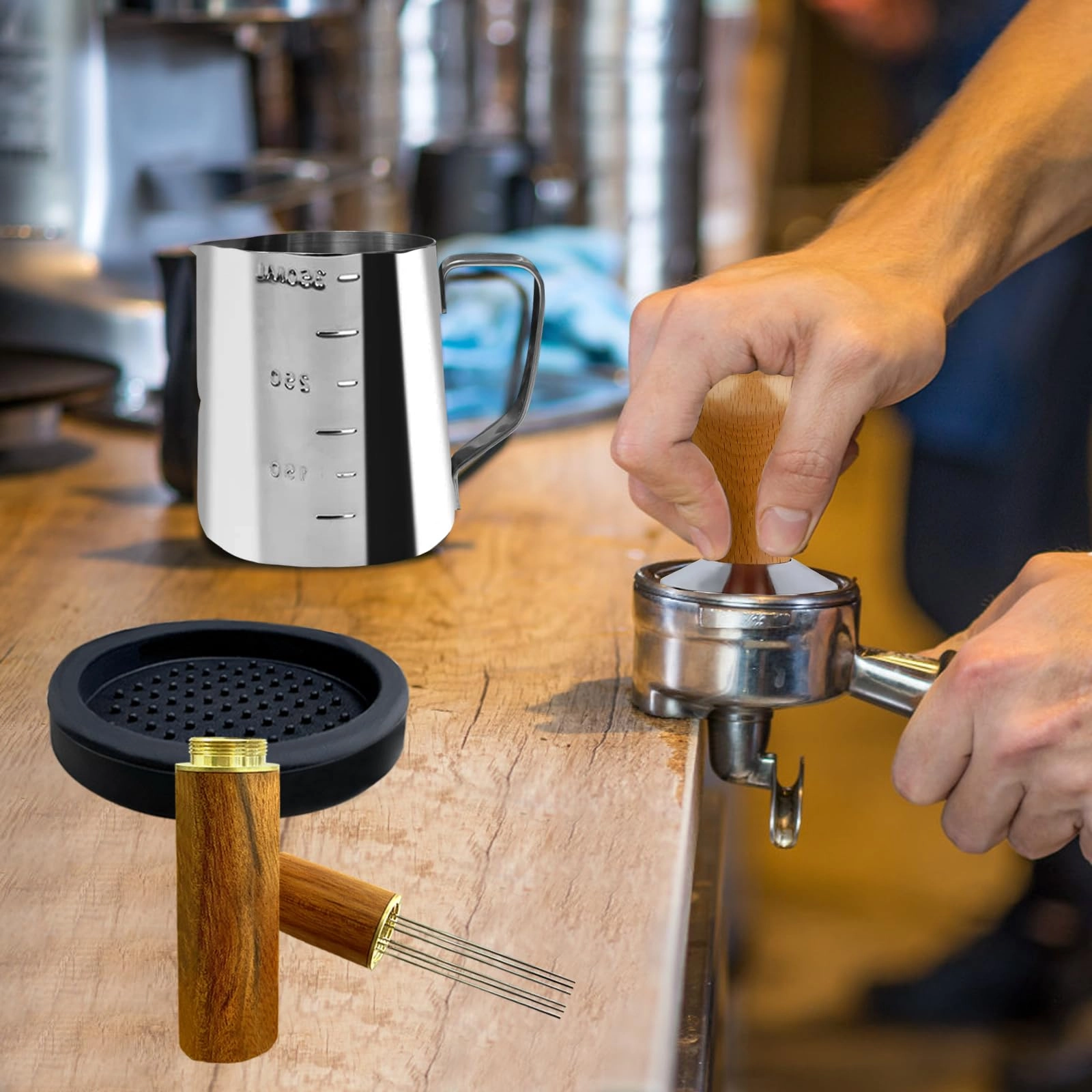 Espresso Tamper + WDT Tool + Espresso Dosing Funnel + Silicone Gel Tamper Mat + Espresso Accessories