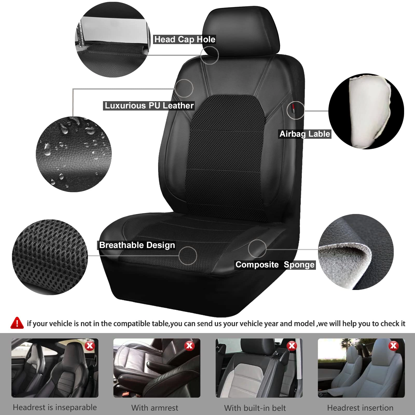 Car Seat Covers - Air Mesh Leather + Car Floor Mats - Waterproof + Steering Wheel Cover - Sporty