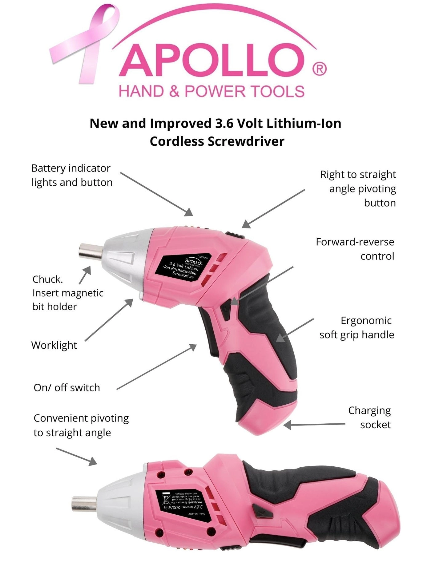 Household Hand Tools Set - 135 Piece Pink 3.6V Lithium-Ion Cordless Screwdriver