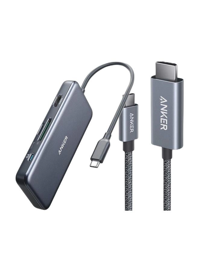 USB-C Hub - 5-in-1 100W Max Power Delivery + USB C to HDMI Cord - 4K@60Hz 3 FT