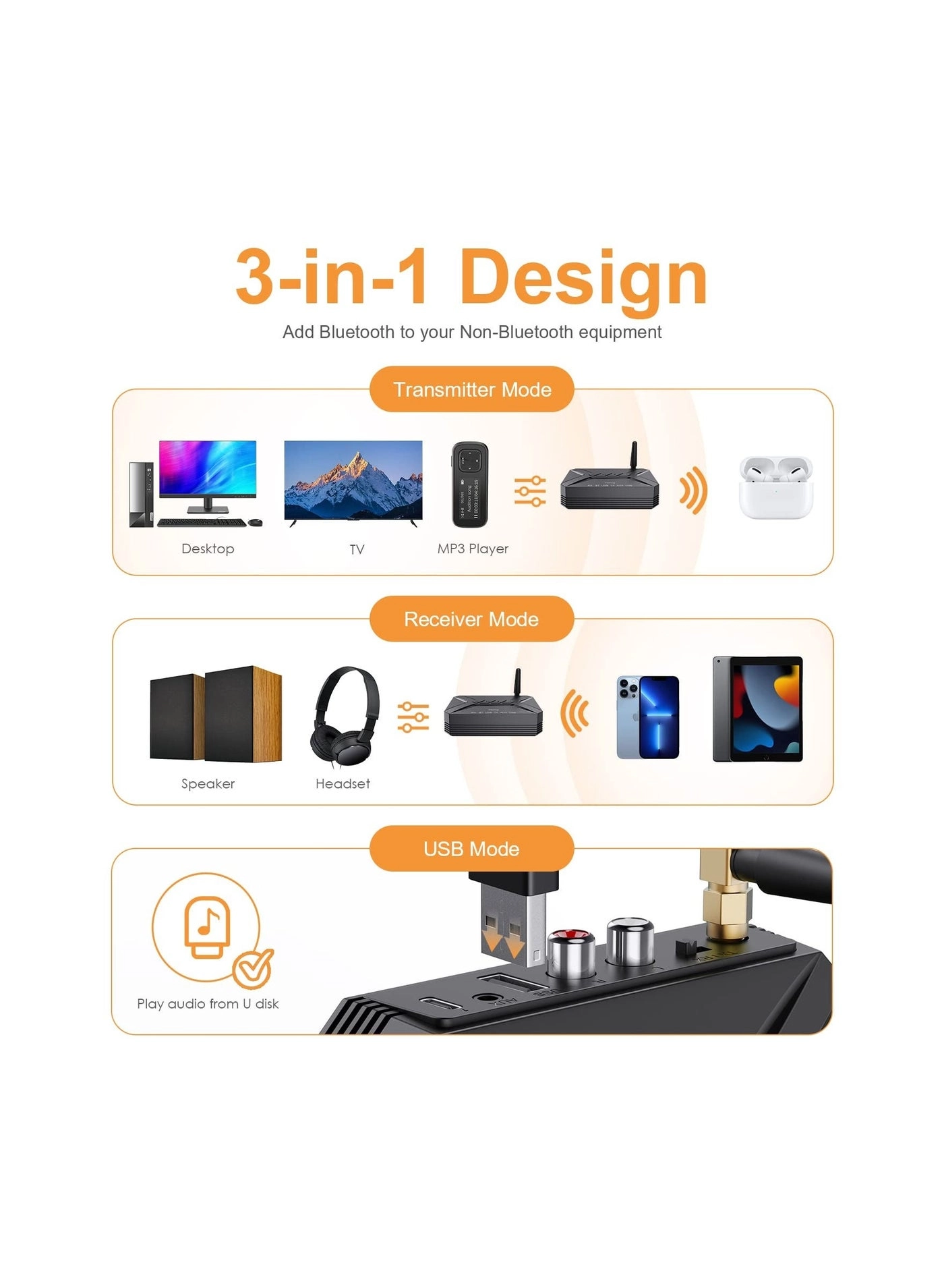 Bluetooth Adapter - 5.0 3.5mm Jack Aux built-in li-ion rechargeable 140mAh battery