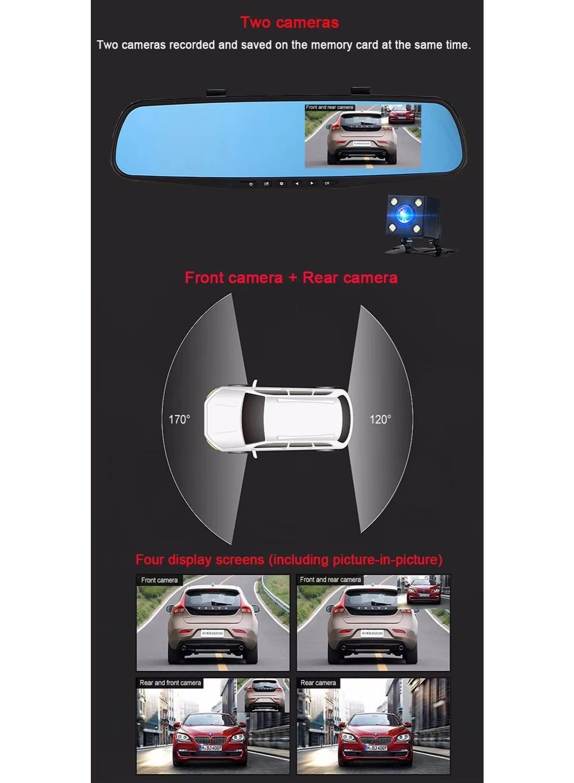 Dash Cam Rearview Mirror - 4.3 DVR Monitor Dual Camera G-Sensor