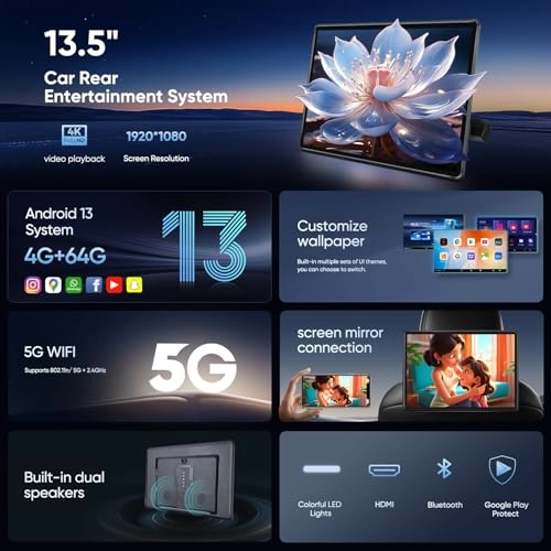 Android 13 Touch Screen Headrest Monitor - 13.5 inch