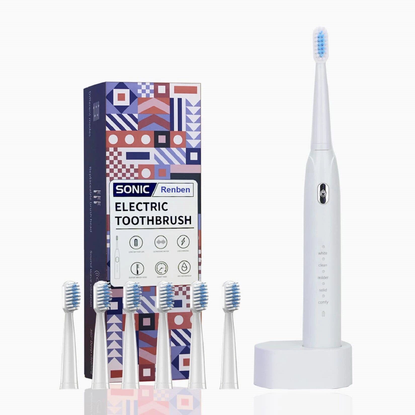 Renben Sonic Electric Toothbrush - 6 Brush Heads Wireless Fast Charging 5 Modes