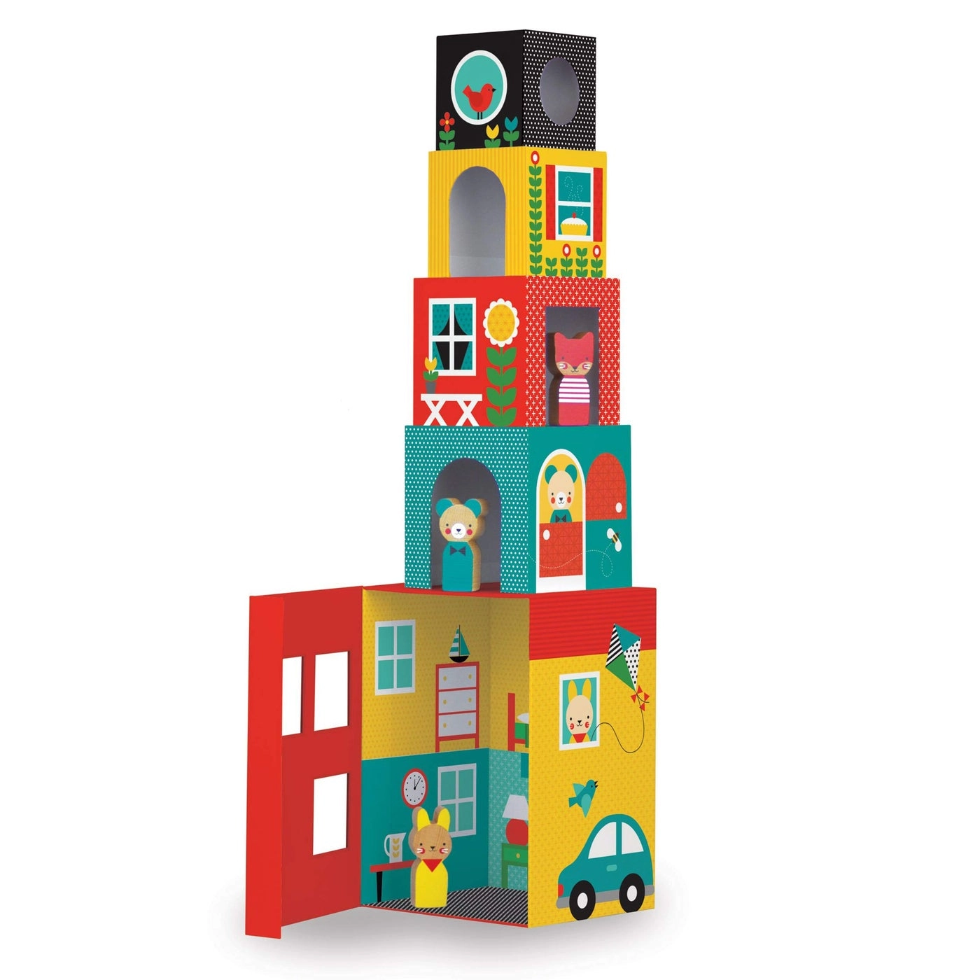 Petit Collage Peek-A-Boo Nesting and Stacking Blocks Playset - 3 Wooden Characters 4 Stacking Boxes