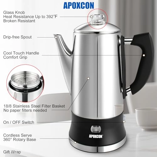 Electric Coffee Percolator - 12 Cups Cordless Serve Keep Warm Function