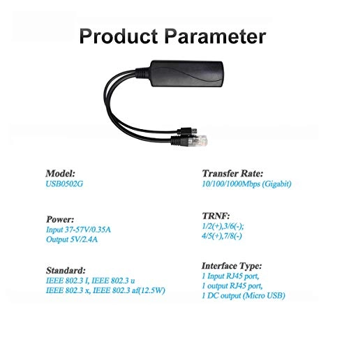 USB0502G - 37V - 57V 5V/2.4A 1 output RJ45 port 10/100/1000Mbps IEEE802.3af 12.5W