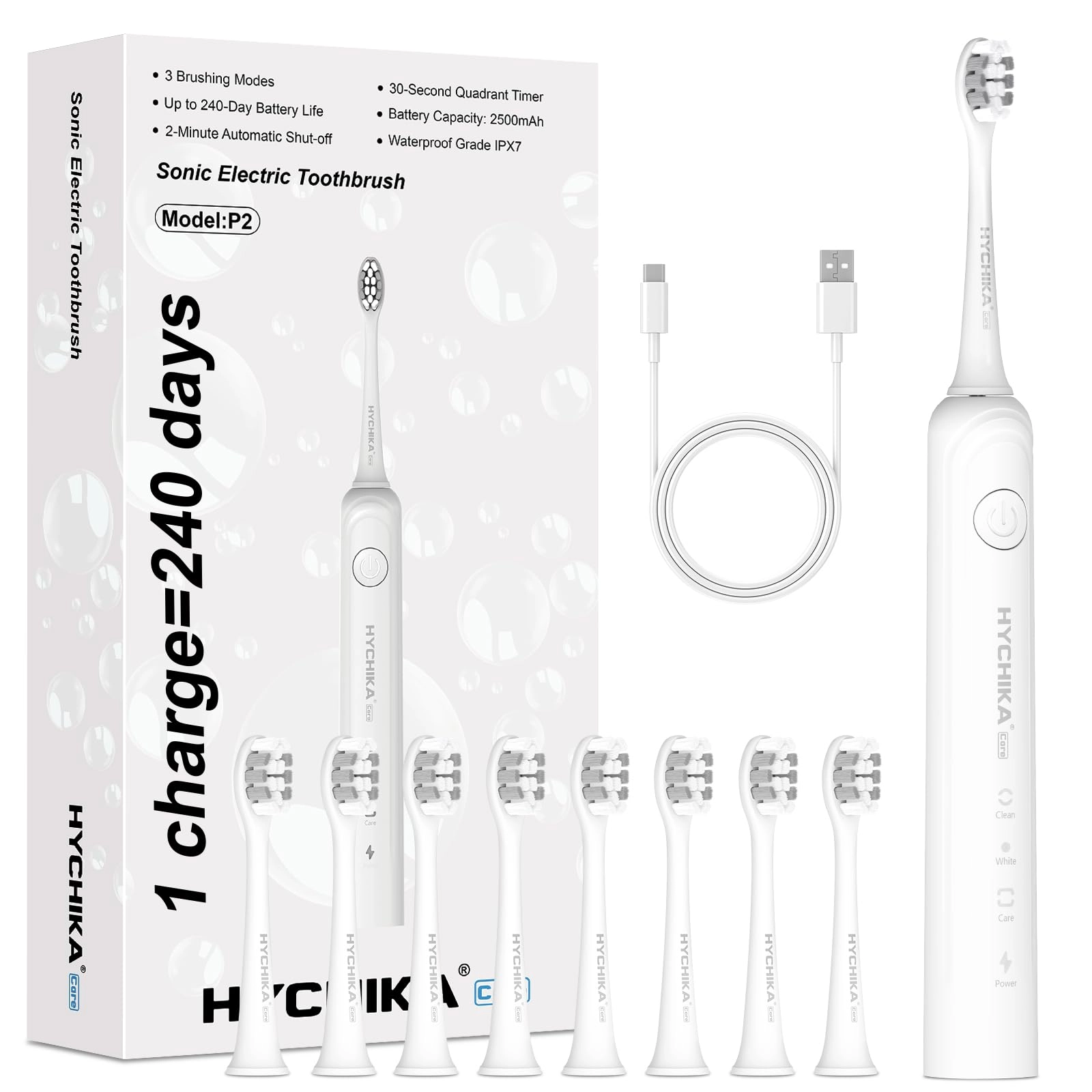 HYCHIKA Sonic Electric Toothbrush - 240 Days Battery Life 8 Replacement Heads 3 Modes