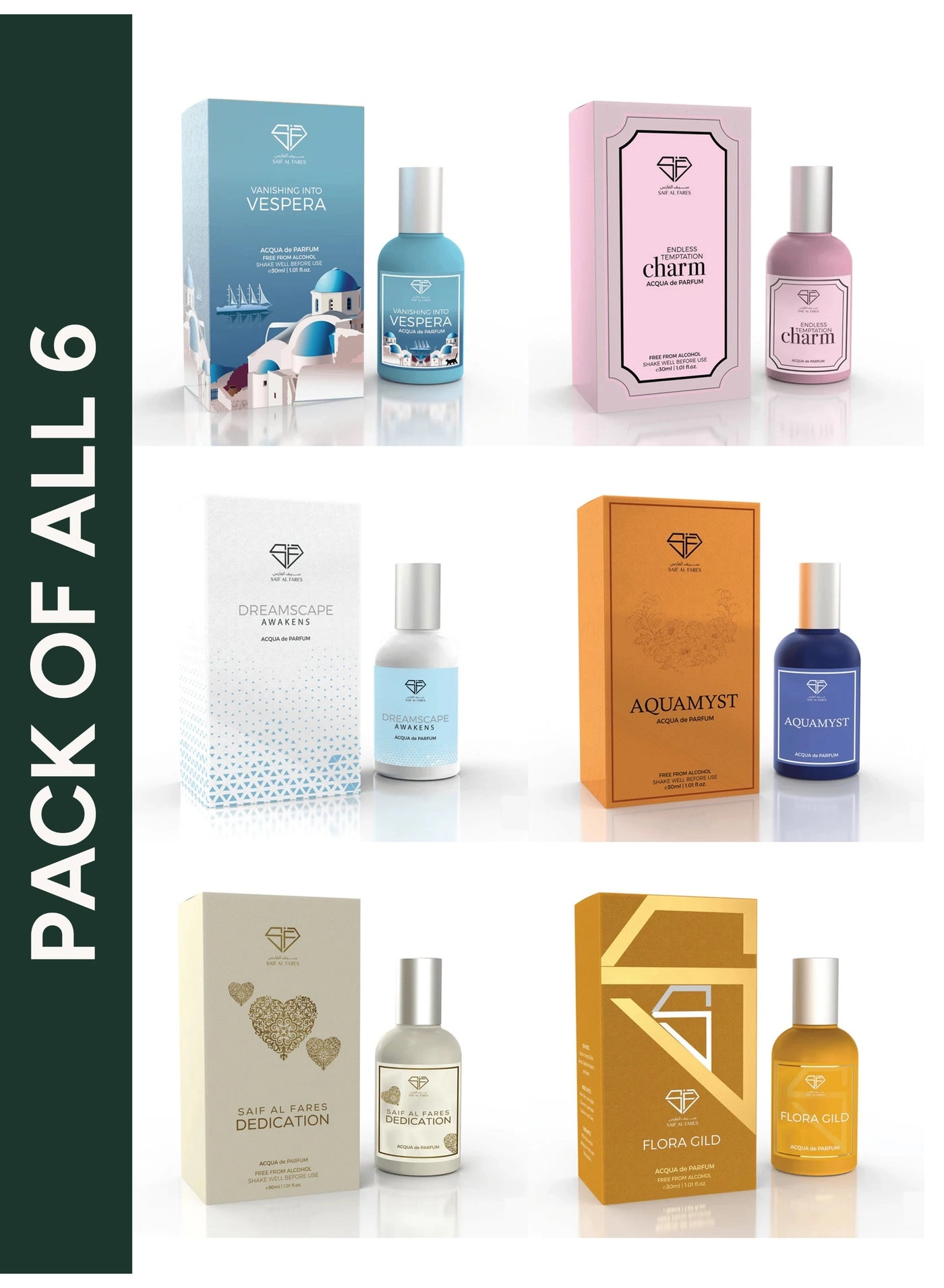 Saif Al Fares Flora Gild + Aquamyst + Charm + Vespera + Dedication + Dreamscape - Parfum 6x30ml