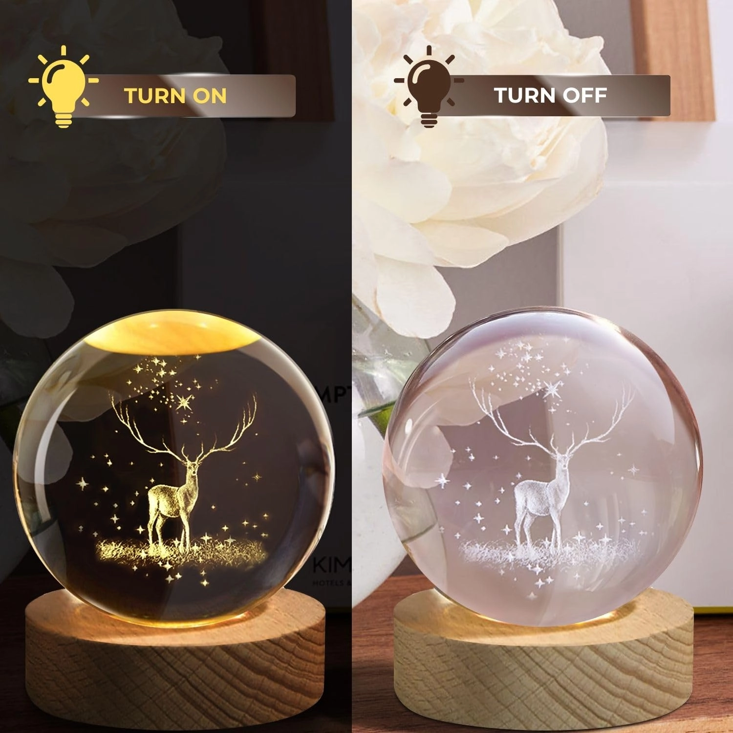 3D Engraved Deer Crystal Globe Lamp - Warm White USB Wooden Base