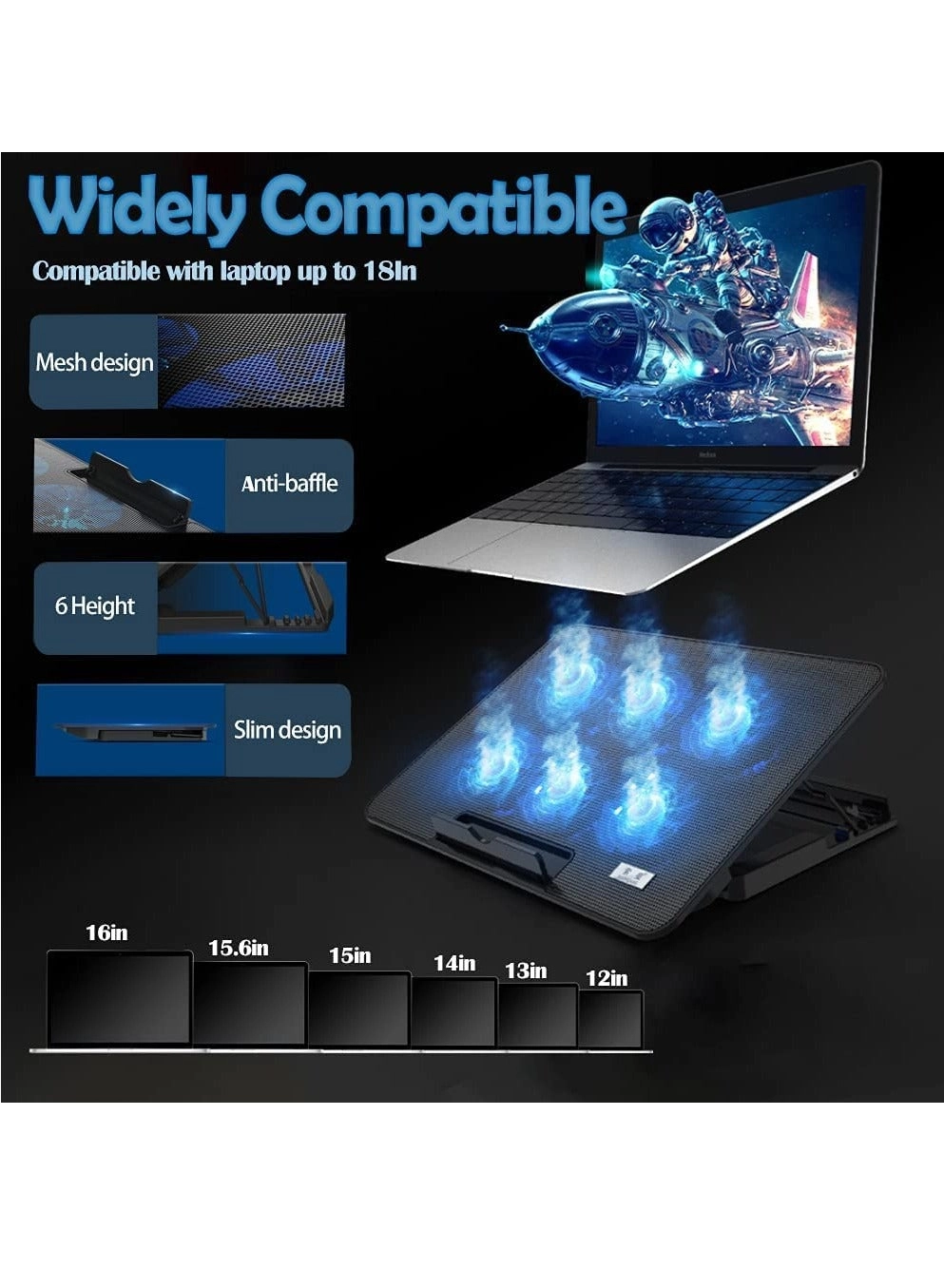 Laptop Cooling Pad - 6 fans 12-17 Inch