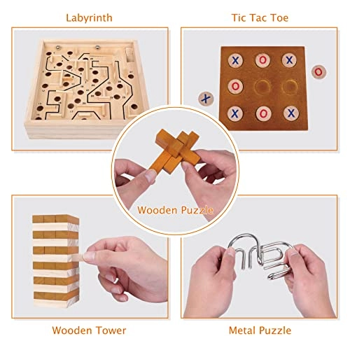 Wooden Brain Puzzle + Metal Puzzle + Labyrinth - Maze board 2 steel balls + Stacking Blocks - 36 pieces + Tic Tac Toe