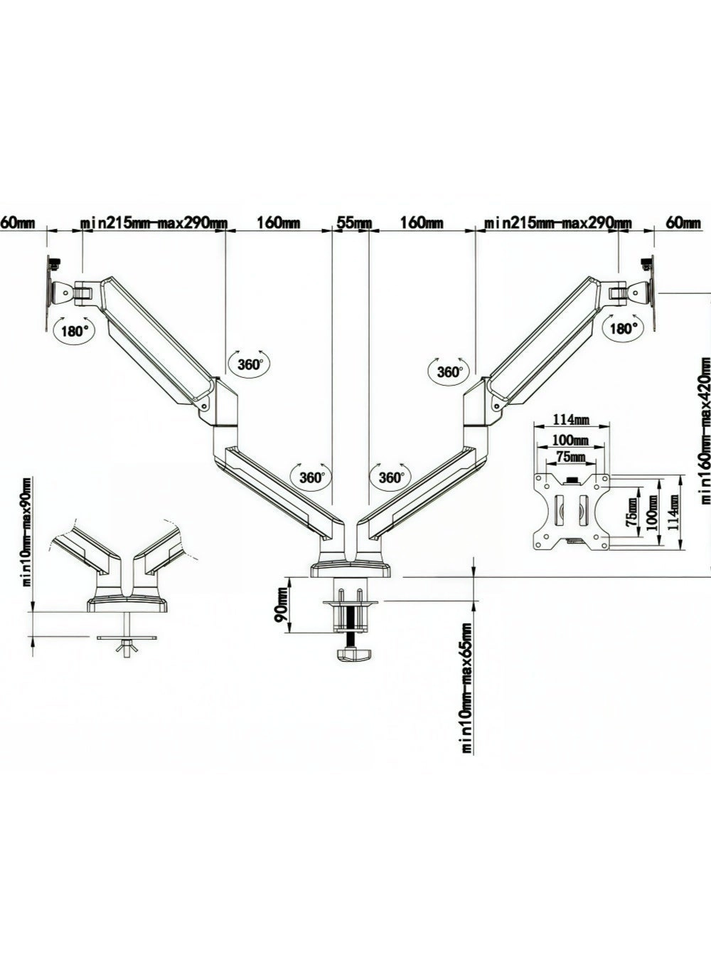 Dual monitor arm - 14-34 inch 75x75mm/100x100mm