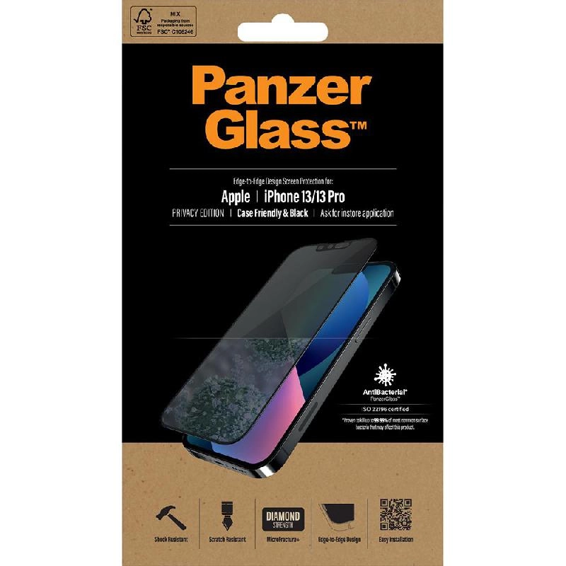PanzerGlass Privacy Anti-Bacterial Tempered Glass Screen Protector for iPhone 13/iPhone 13 Pro