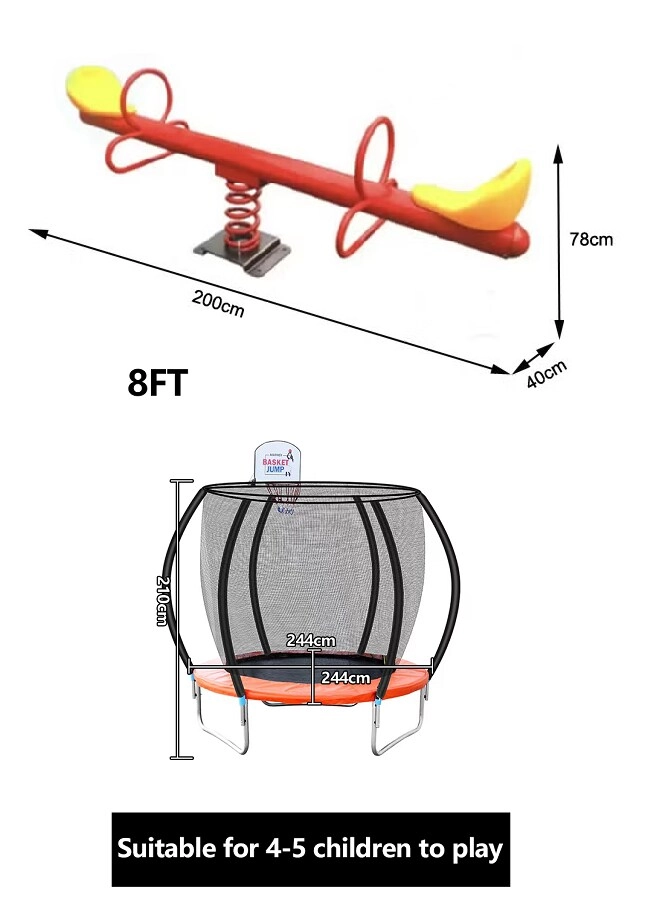 Spring Rider + Round Trampoline - 8FT + Caterpillar Tunnel + Slide and Swing Playground Set + Two Seater Seesaw