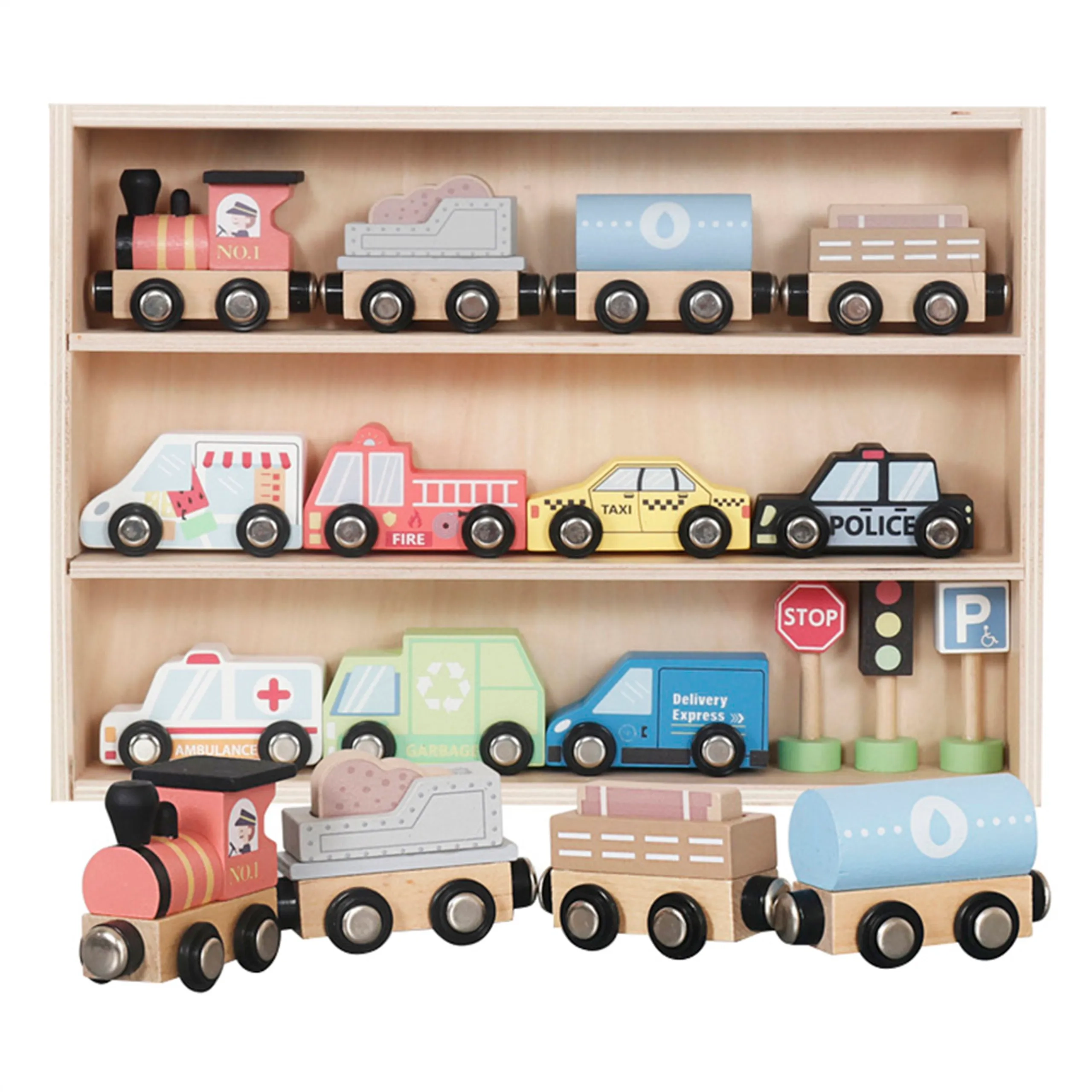 littlechus Wooden Car and Train Playset - 16 Pc Set
