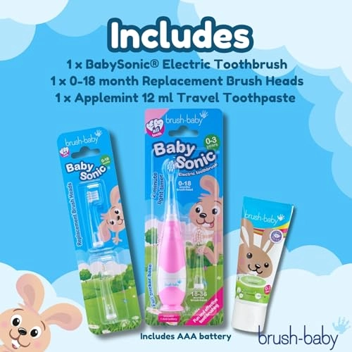 BabySonic Electric Toothbrush - Pink Set + Brush Head - 4 + AAA Battery + Toothpaste - 12 ml