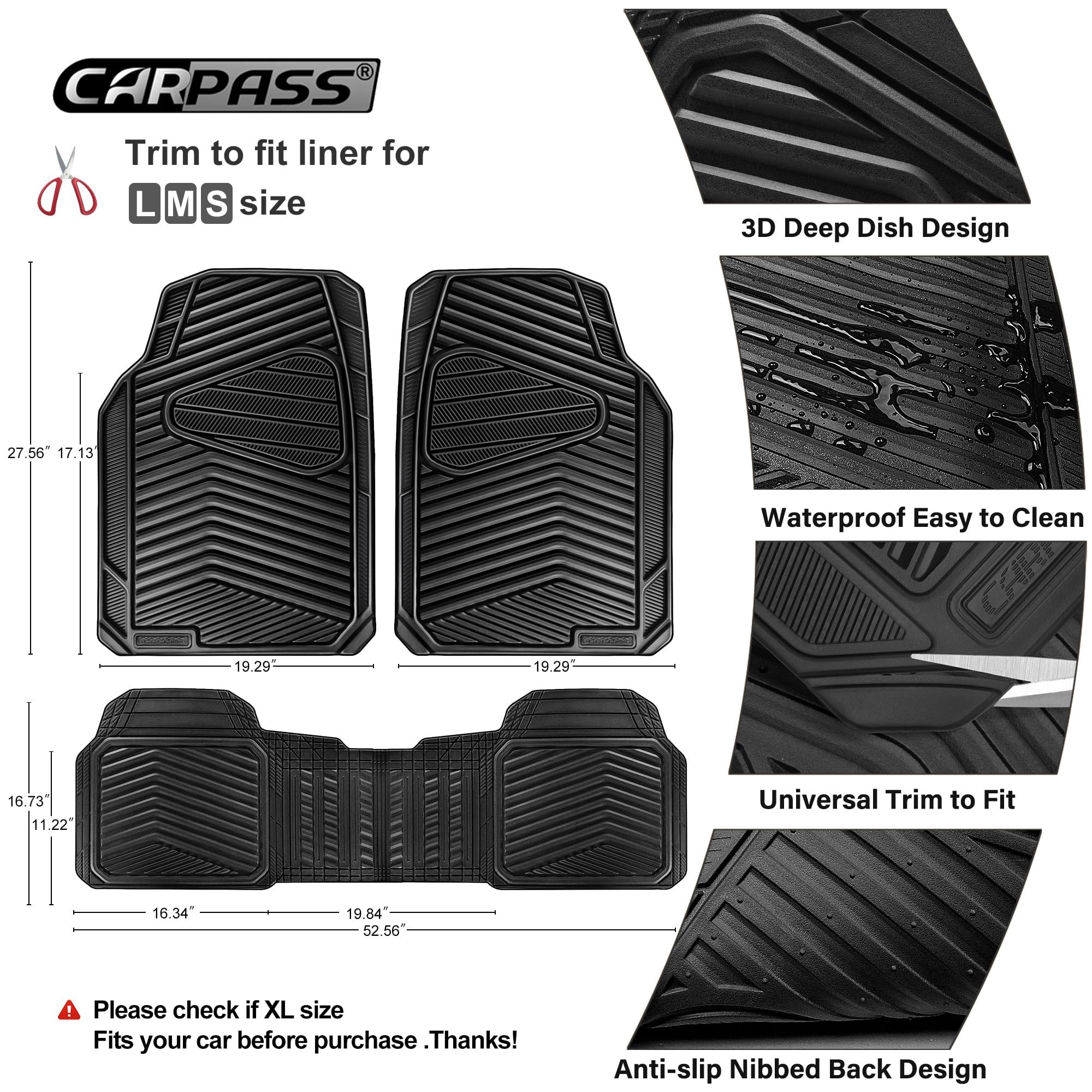 Rubber Floor Mats - All Weather Trim-to-Fit 3-Piece