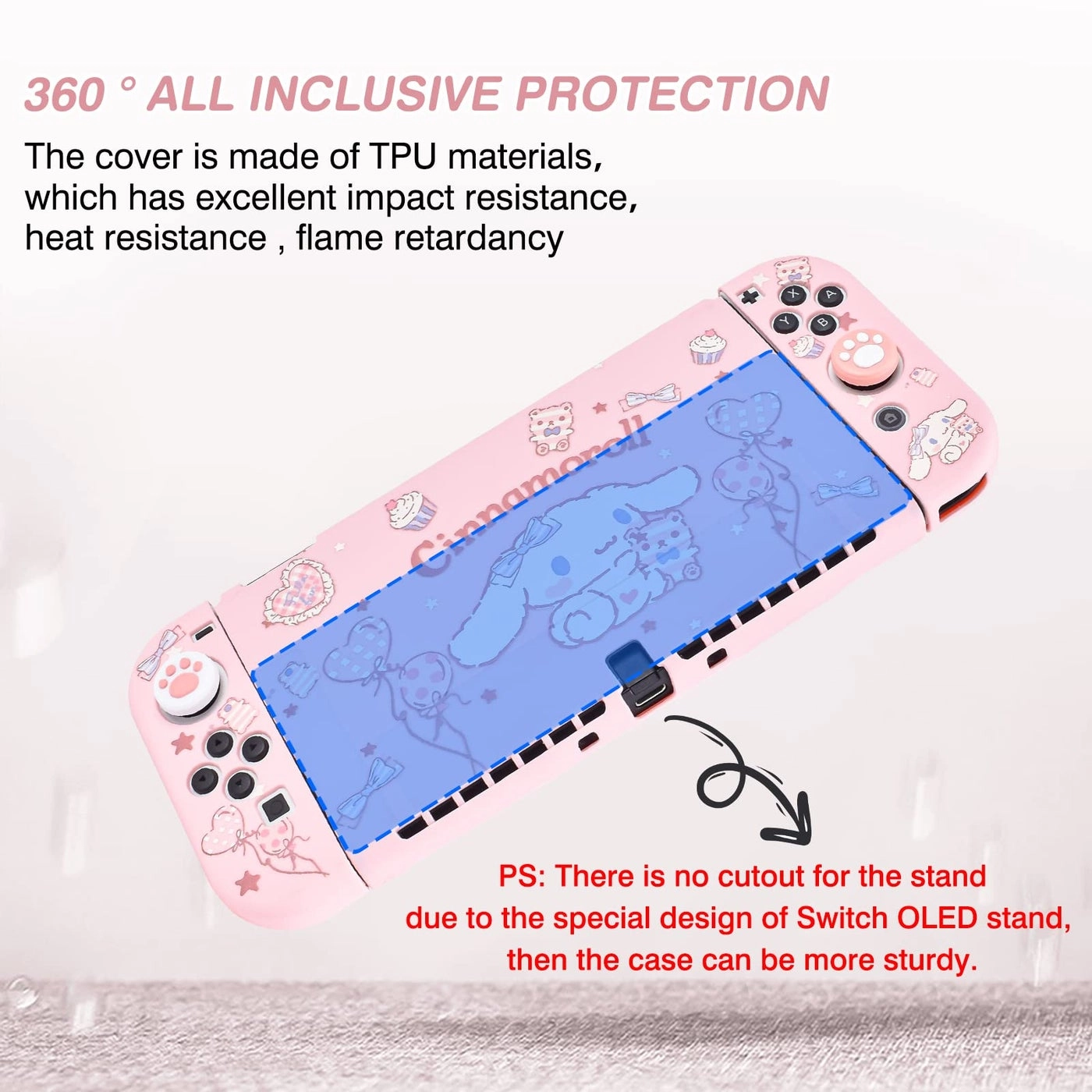 Cute Dog Switch OLED Protective Case - Silicone Shockproof Pink 4PC Cat Claw Thumb Grips Caps