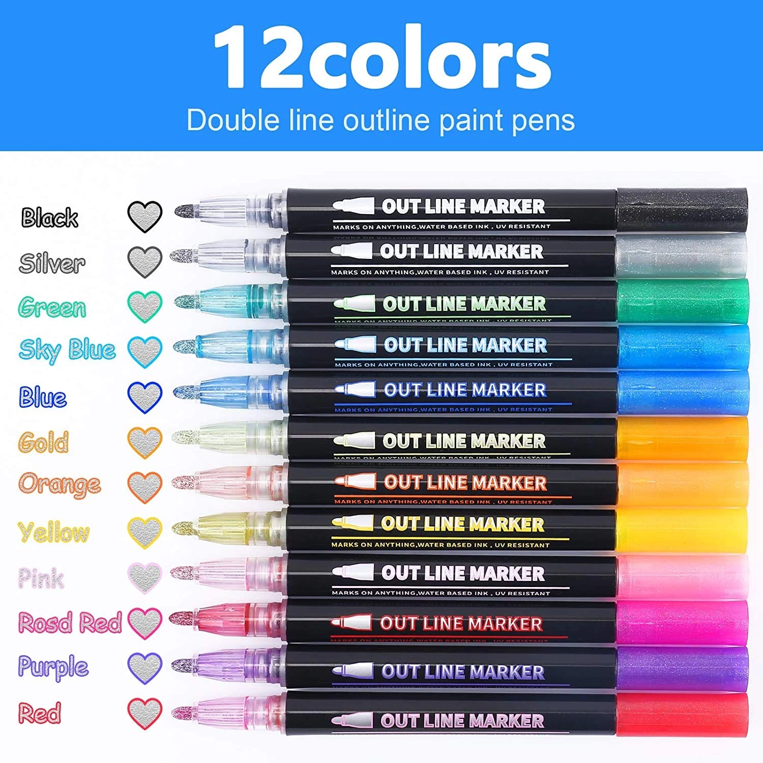 Outline Marker Pens - 12 metallic glitter colours Dual Fibre