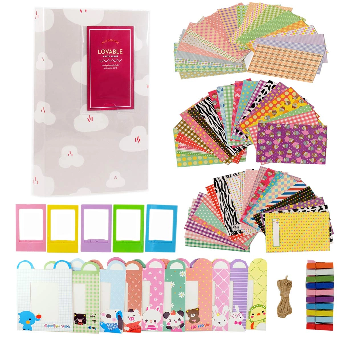 Ngaantyun Book Album - 84 Pockets + Stickers - 60 + Paper Frames - 10 + Animal Ear Wall Hanging Frames - 10 + Plastic Frames - 5 + Clips with String - 10