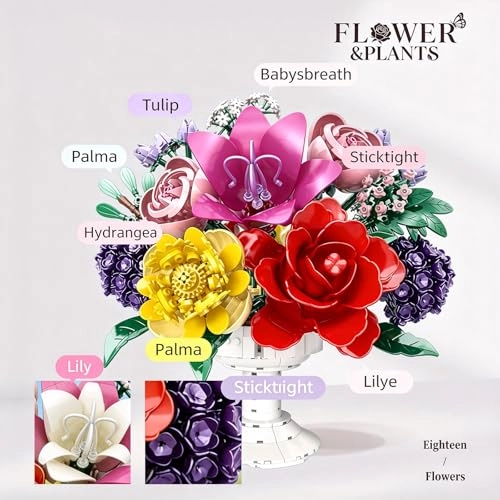 Flower Bouquet Building Blocks Set - White bouquet of roses 1070pcs