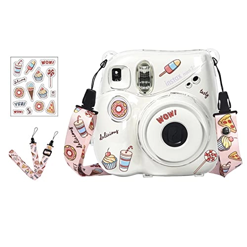 Transparent Crystal Camera Case - for Fujifilm Instax Mini 7+ + Adjustable Shoulder Strap + Stickers + Film Pocket Pictures Holder