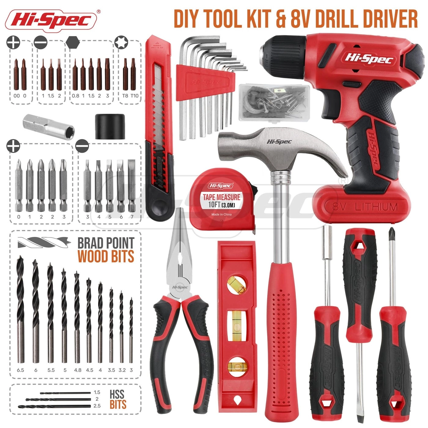 Cordless Drill Driver - 8V + Screw Driver + Drill Bit Set + Pliers + Hammer + Toolbox Case