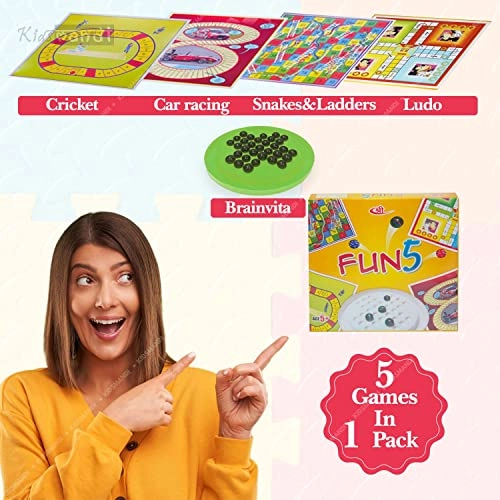 Five in One Fun - Brainvita Ludo Snake and Ladder Racing Cricket