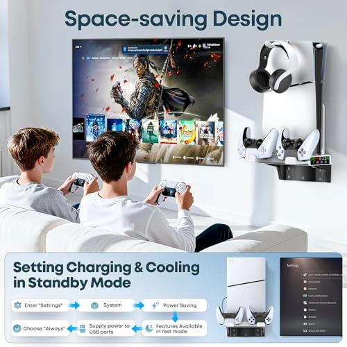 PS5 Wall Mount Kit + Cooling Fan + Controller Charging Station + PS5 Floating Shelf + Sega Genesis Consoles - PS5/Slim/Pro Disc & Digital Console